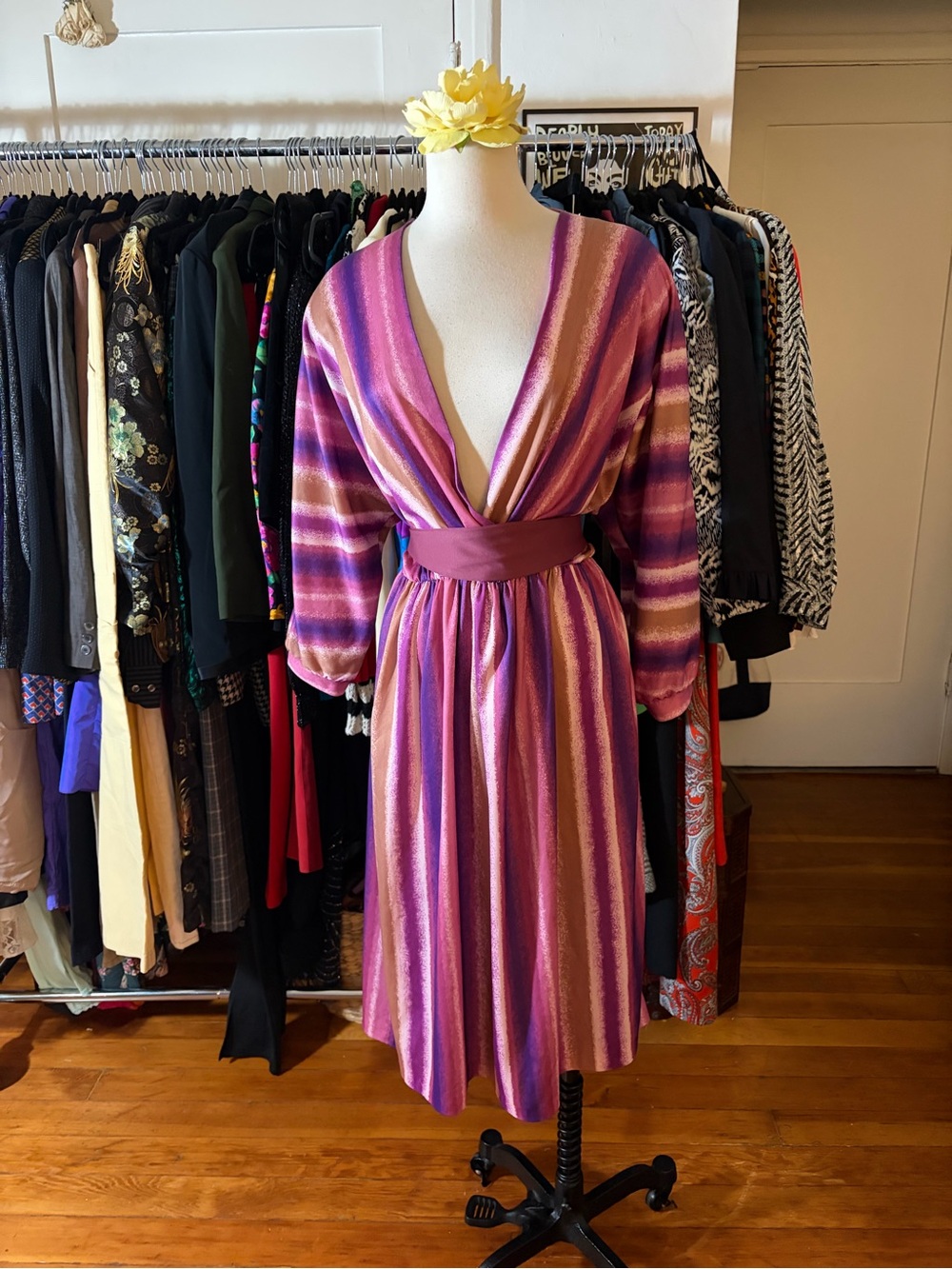 Vintage 70s Striped Midi Dress | Pink Purple Faux Wrap Elastic Waist Blouson